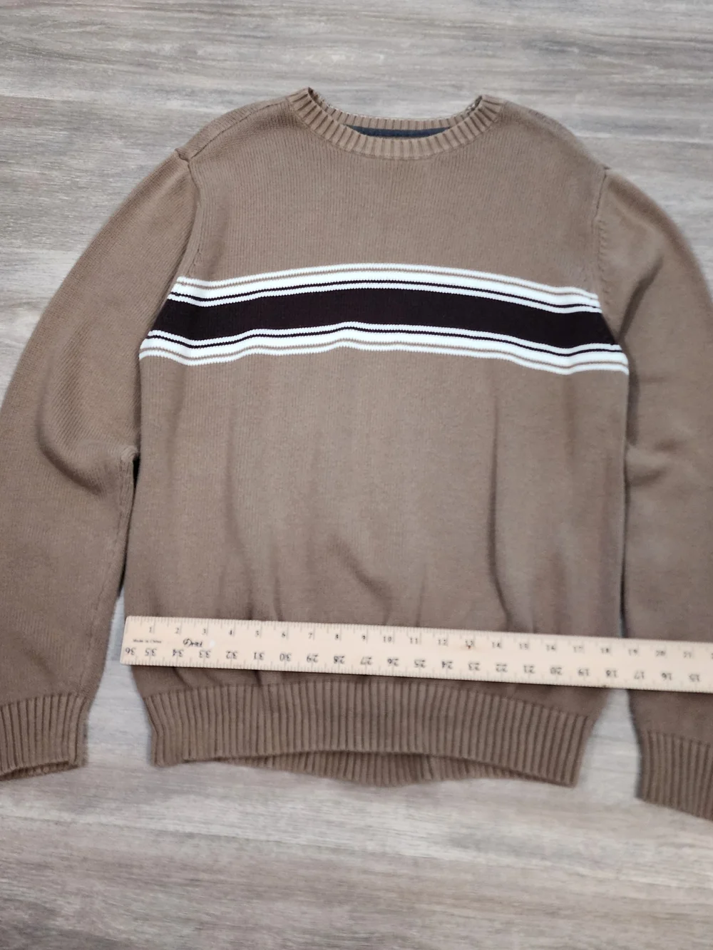 St. John's Bay Tan Crewneck Sweater with Brown and White Stripes